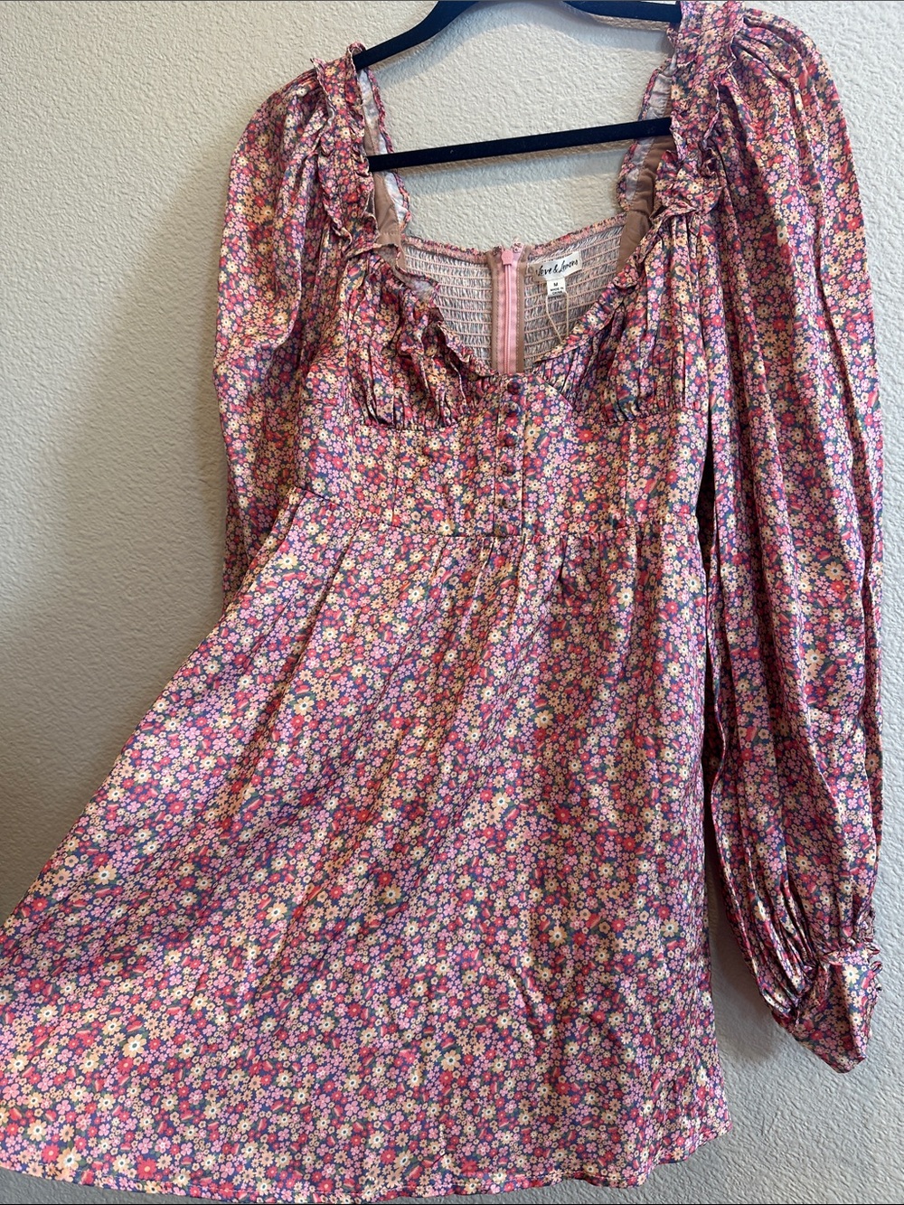 NWT For Love & Lemons Laurie Mini Dress Floral Puff Sleeve M